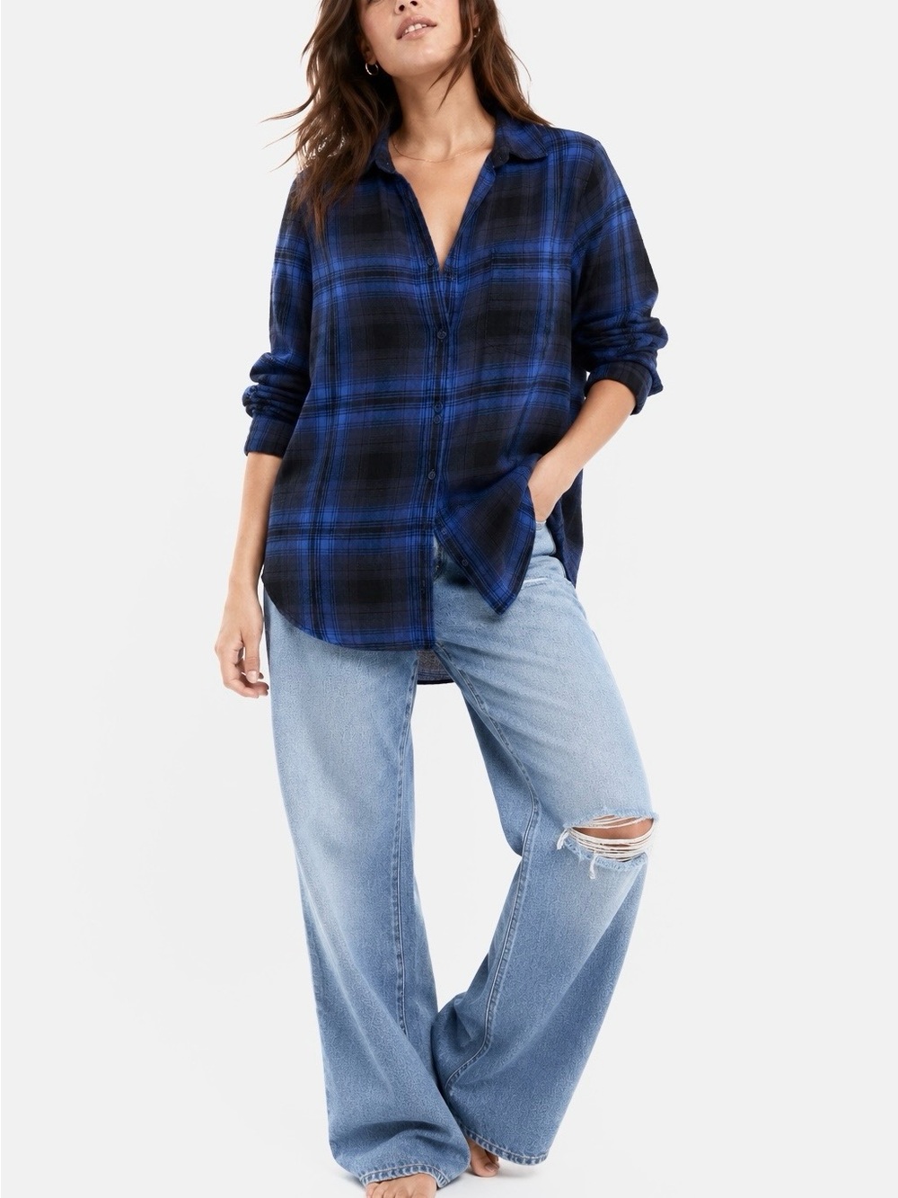 American Eagle Outfitters Blue and Black Plaid Boyfriend Shirt